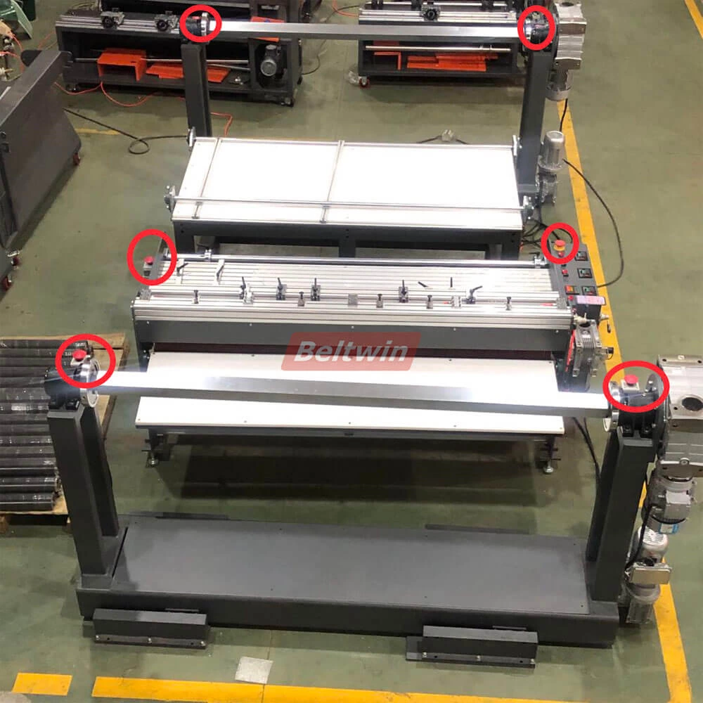 Refendeuse à bande transporteuse avec enrouleur et enrouleur et table de travail (version européenne)